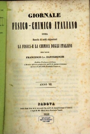 Raccolta fisico chimica italiana ossia collezione di memorie originali edite ed inedite di fisici chimici e naturalisti italiani. VII