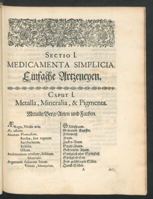 Sectio I. Medicamenta Simplicia. Einfache Artzneyen.