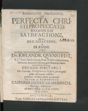 Dissertatio Theologica, De Perfecta Christi Pro Peccatis Hominum Satisfactione