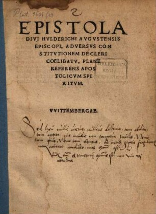 Epistola Divi Hvlderichi Avgvstensis Episcopi, Adversvs Constitvtionem De Cleri Coelibatv, Plane Referens Apostolicvm Spiritvm