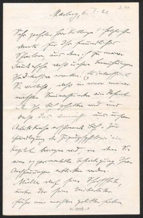 [Brief von Erich Jaensch an Otto Selz vom 06. Januar 1921]