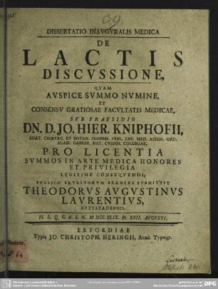 Dissertatio Inauguralis Medica De Lactis Discussione
