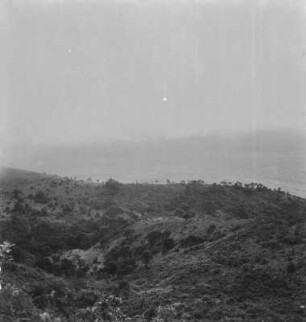 Landschaft : Blick über bewaldete Hügel zum Meer