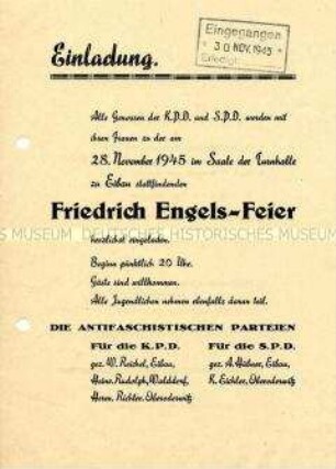 Einladung zu einer gemeinsamen Friedrich-Engels-Feier von KPD und SPD in Eibau