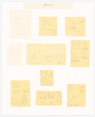 Stiftskirche, Gernrode Restaurierung: 10 Ansichtsskizzen: Seitenansicht, Details des nördlichen Turmes, Pfeiler am Querschluss, Kapitelle, Arkadensystem, zahlreiche Kämpfer, Basis, 1 Fenster (ehemals Tür), Details Pfeiler in der östlichen Krypta