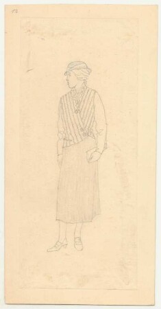 Entwurf Damenkleid : Gerade geschnittener Rock, Bluse mit Rüsche am Ausschnitt, Weste diagonal geschlossen,Hut, Pumps mit Absatz; Blatt montiert