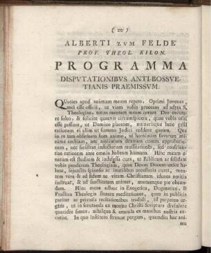 Alberti Zum Felde Prof. Theol. Kilon. Programma Disputationibus Anti-Bossuetianis Praemissum