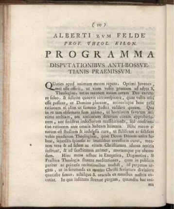 Alberti Zum Felde Prof. Theol. Kilon. Programma Disputationibus Anti-Bossuetianis Praemissum
