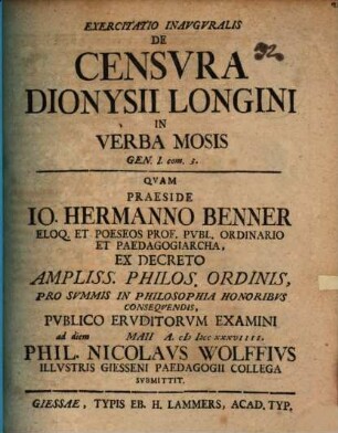 Exercitatio Inavgvralis De Censvra Dionysii Longini In Verba Mosis Gen. I. com. 3