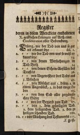Register deren in disem Wercklein enthaltenen X. geistlichen Lesungen auf Arth einer Consideration oder Bedenckung.