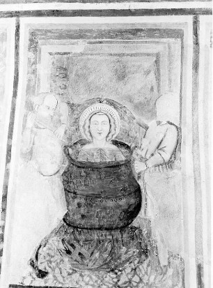 Heilige Dorothea : Heilige Dorothea. Fresko (um 1400). Villach, Pfarrkirche Sankt Leonhard, Chor, Fensterlaibung