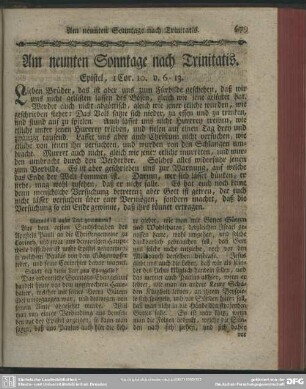 Am neunten Sonntage nach Trinitatis. Epistel, 1 Cor. 10. v. 6-13