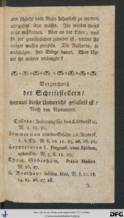 Verzeichniß der Schriftstellern, woraus dieser Unterricht gesammelt ist.