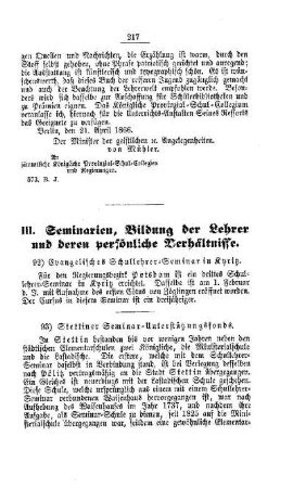 Stettiner Seminar-Unterstützungsfonds : [III. Seminarien, Bildung der Lehrer und deren persönliche Verhältnisse]