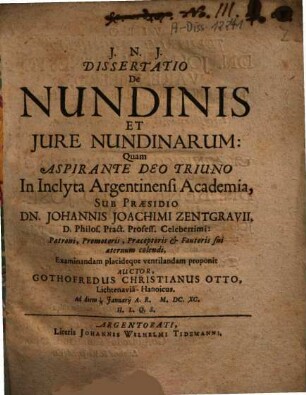 Dissertatio De Nundinis Et Iure Nundinarum