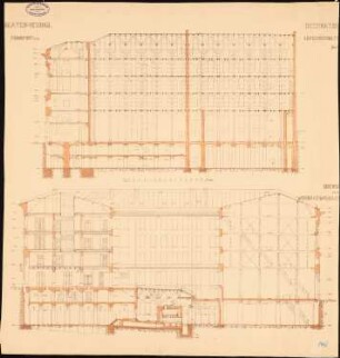 Neues Theater (Oper), Frankfurt/Main: Längsschnitt des Dekorations-Magazins, Querschnitt durch Wohnhaus und Magazin 1:100