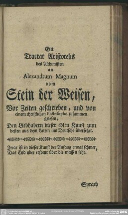 [IV.] Ein Tractat Aristotelis des Alchimisten an Alexandrum Magnum vom Stein der Weisen ...