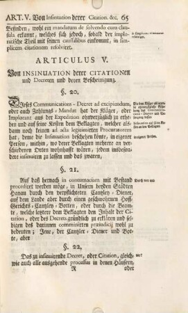 Articulus V. Von Insinuation derer Citationen und Decreten und deren Bescheinigung.