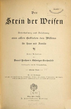 Der Stein der Weisen : illustrierte Zeitschrift zur Verbreitung volkstümlichen Wissens. 5. [1891]