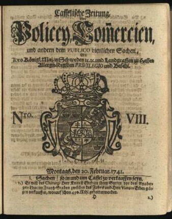Nro. VIII, Montags, den 20. Februar 1741