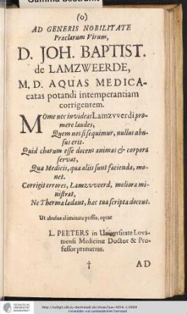 AD GENERIS NOBILITATE Praclarum Virum, D. JOH. BAPTIST. de LAMZWEERDE, ...