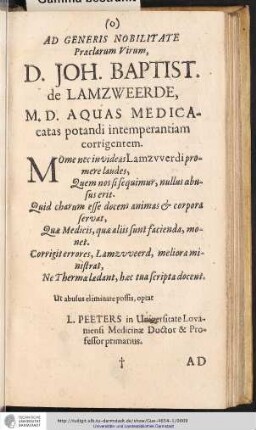AD GENERIS NOBILITATE Praclarum Virum, D. JOH. BAPTIST. de LAMZWEERDE, ...