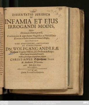 Dissertatio Iuridica De Infamia Et Eius Irrogandi Modis