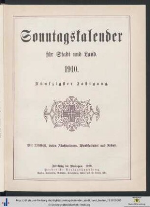 50. Jahrgang: Sonntagskalender für Stadt und Land