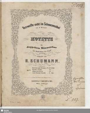 Verzweifle nicht im Schmerzensthal von F. Rückert : Motette für doppelten Männerchor mit Begleitung der Orgel (ad libitum); Op. 93