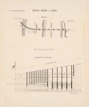 Thorn-Insterburger Eisenbahn. Weichselbrücke, Thorn: Lageplan, Schnitt, Maßstabsleiste