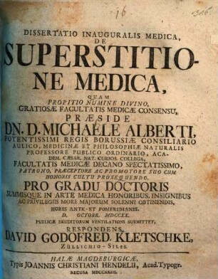Dissertatio Inauguralis Medica, De Superstitione Medica