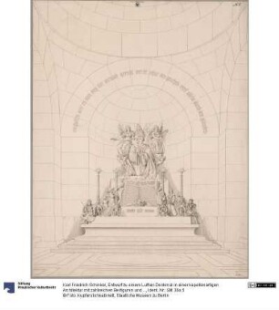 Entwurf zu einem Luther-Denkmal in einer kapellenartigen Architektur mit zahlreichen Beifiguren und Engeln, die den Reformator bekrönen