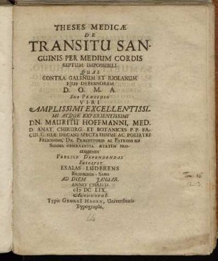 Theses Medicae De Transitu Sanguinis Per Medium Cordis Septum Impossibili