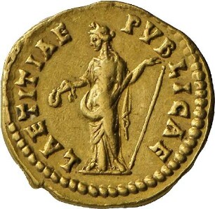 Aureus des Antoninus Pius für Faustina minor mit Darstellung der Laetitia