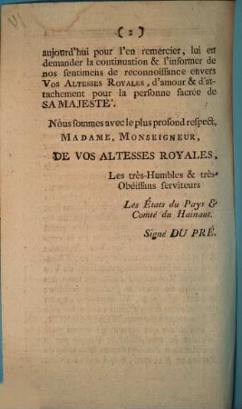 Lettre Des États du Pays & Comté du Hainaut à leurs Altesses Royales : En date du 30. Juin 1787.