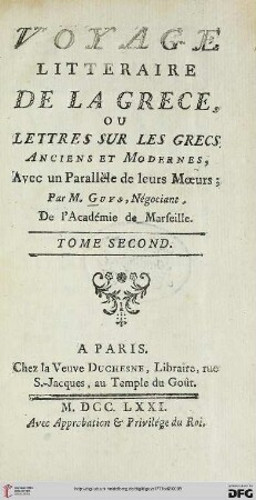 Band 2: Voyage Littéraire De La Grèce, Ou Lettres Sur Les Grecs, Anciens Et Modernes, Avec Un Parallele De Leurs Moeurs