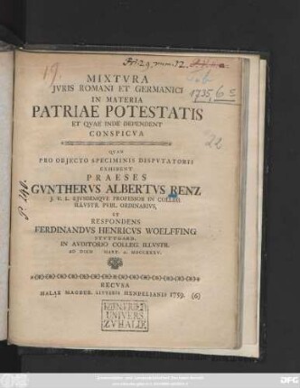 Mixtura Jvris Romani Et Germanici In Materia Patriae Potestatis Et Qvae Inde Dependent Conspicva