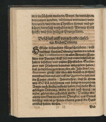 Beschluß auff vorgehende einfeltige KirchenOrdnung