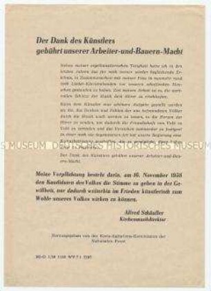 Flugblatt der Nationalen Front mit Verpflichtung des Kirchenmusikdirektors Schäufler zur Wahl ihrer Kandidaten bei der Volkskammerwahl