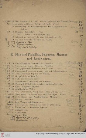 E. Glas und Porzellan, Fayencen, Marmor und Lackwaaren.