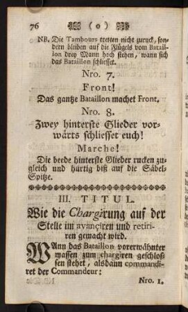 76-89, III. Titul. Wie die Chargirung auf der Stelle im avanciren und retiriren gemacht wird.