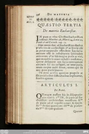 Quaestio Tertia De materia Eucharistiae.