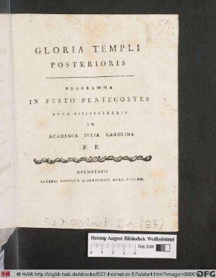 Gloria Templi Posterioris Programma In Festo Pentecostes Anno MDCCLXXXIV In Academia Ivlia Carolina P. P