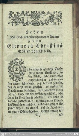 Leben Der Hoch- und Wohlgebohrnen Frauen Frau Eleonorä Christinä Gräfin von Ulfeld