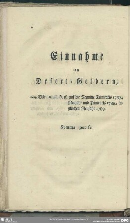 Einnahme an Defect-Geldern