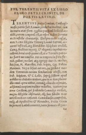 Pub. Terentii Vita Ex Libro Primo Petri Criniti, De Poetis Latinis.