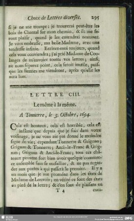 Lettre CIII. Le même à la même. A Tonnerre, le 3. Octobre, 1694