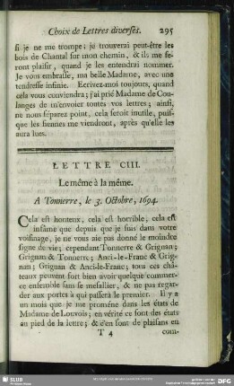 Lettre CIII. Le même à la même. A Tonnerre, le 3. Octobre, 1694
