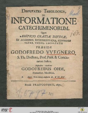 Disputatio Theologica, De Informatione Catechumenorum