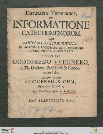 Disputatio Theologica, De Informatione Catechumenorum